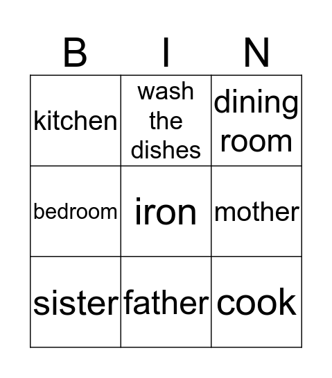 House Chores Bingo Card