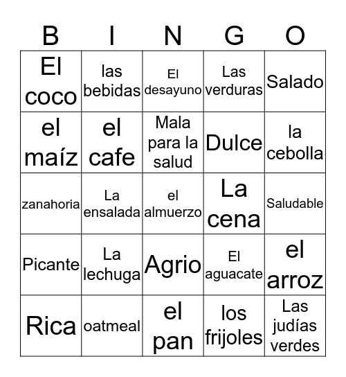 Comidas y bebidas Bingo Card