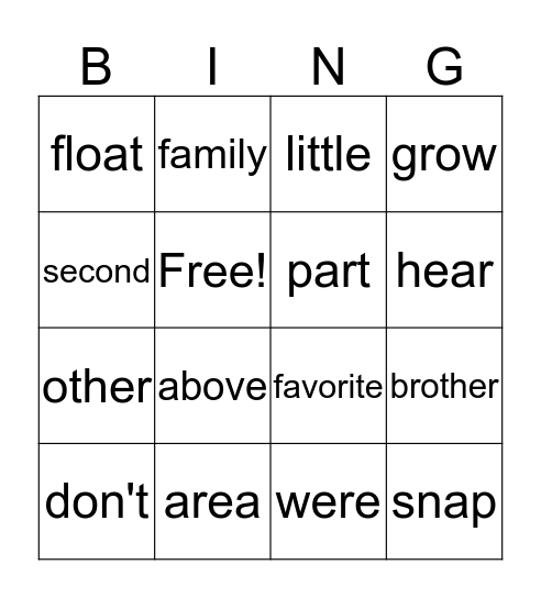 2nd grade Word Bingo Card