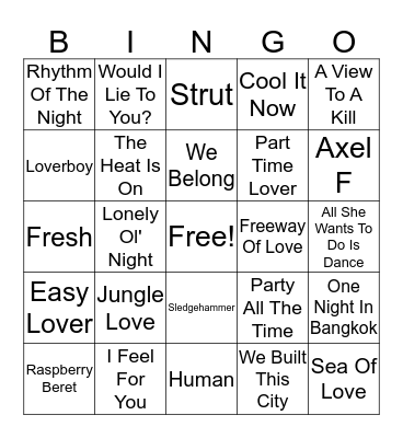 80s Hits Bingo Card