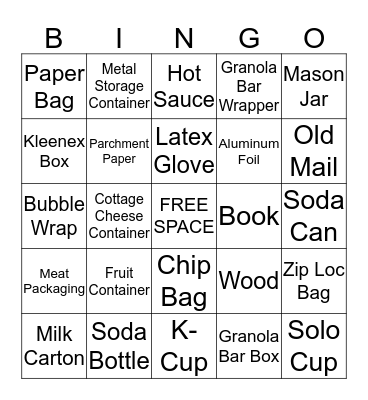 "SORT MY GARBAGE" BINGO Card