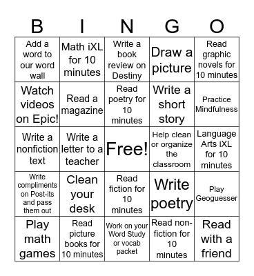 Morning Work Bingo Card