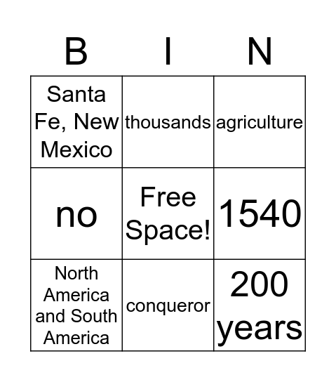 The Spanish in the SW Bingo Card