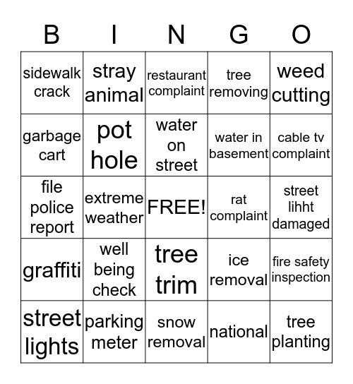 311 NATIONAL DAY Bingo Card