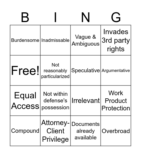Discovery Objections Bingo Card