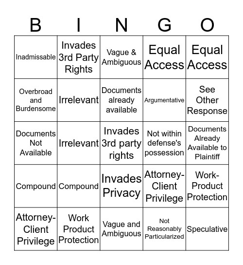 Discovery Objections Bingo Card