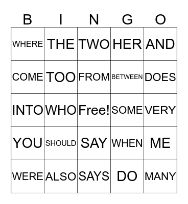 Trick Words Bingo Card