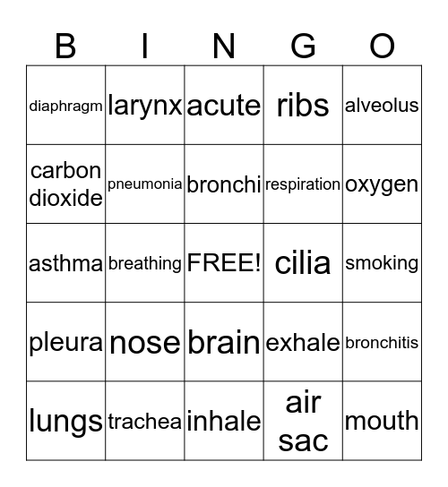 Respiratory System Game Bingo Card