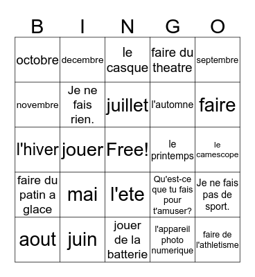 Vocabulaire ***5-1 Bingo Card