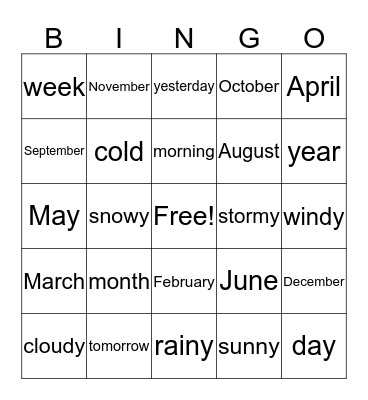 Weather and Calendar Words Bingo Card