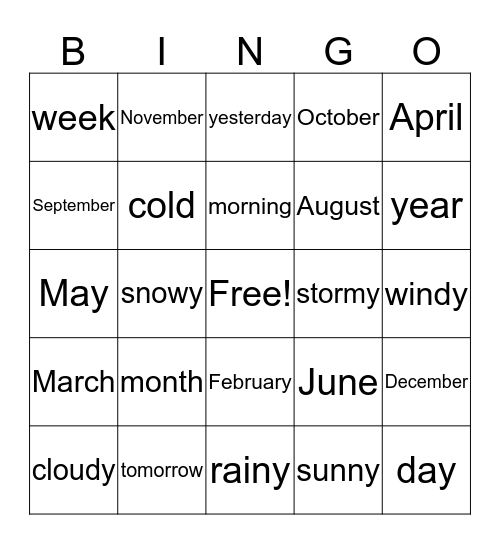 Weather and Calendar Words Bingo Card