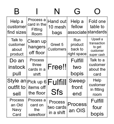 Old Navy  Bingo Card