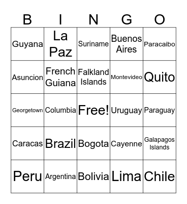 South America Bingo Card