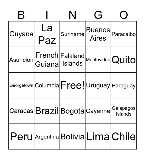 South America Bingo Card
