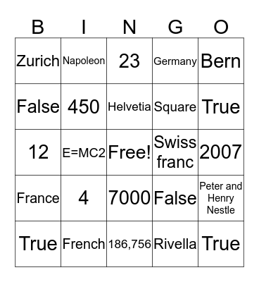 Switzerland Bingo Card