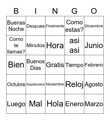 Vocabulario Bingo Card