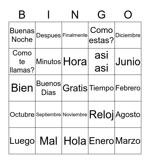 Vocabulario Bingo Card