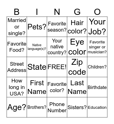 Getting to Know YOU! Bingo Card