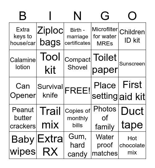72 Hour Kit Bingo Card