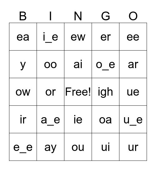 Vowel Sounds Bingo Card