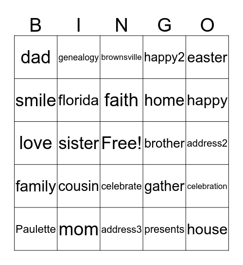 Family Bingo Card