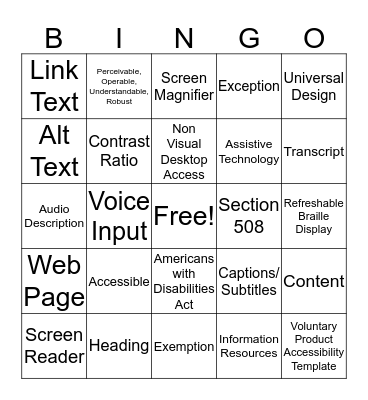 Accessibility Lingo Bingo Card