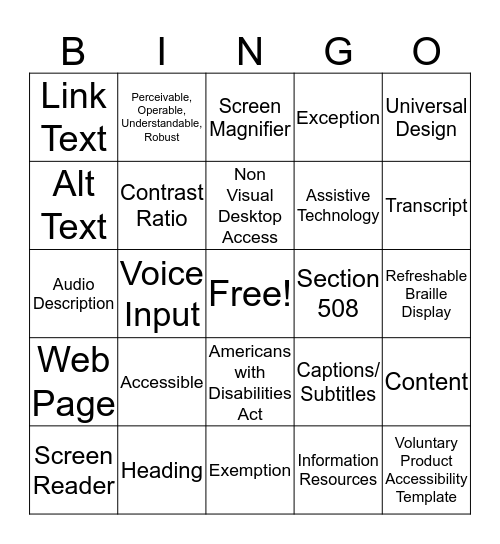 Accessibility Lingo Bingo Card