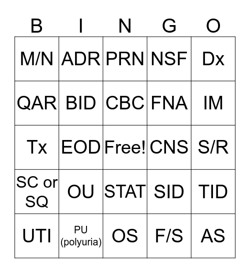 Veterinary Abbreviations Bingo Card