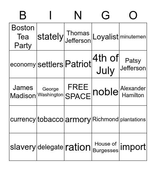 Thomas Jefferson Bingo Card