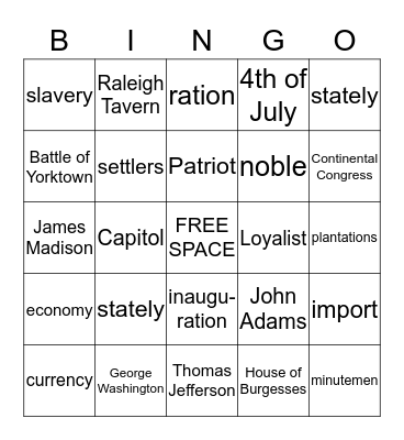 Thomas Jefferson Bingo Card