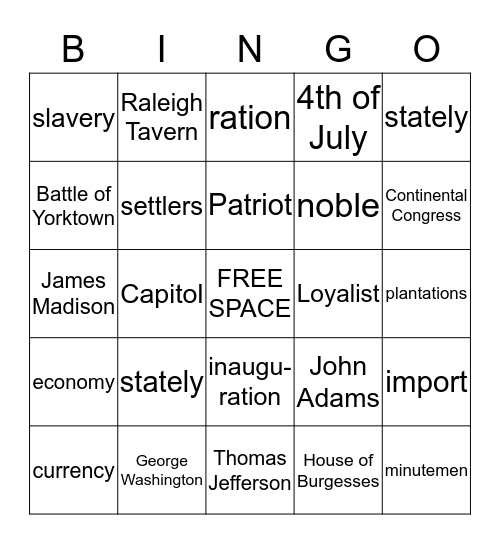 Thomas Jefferson Bingo Card