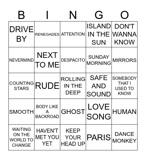 Adult Contemporary Bingo Card