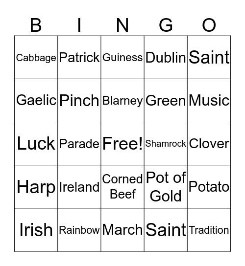 St. Patrick's Day Bingo Card