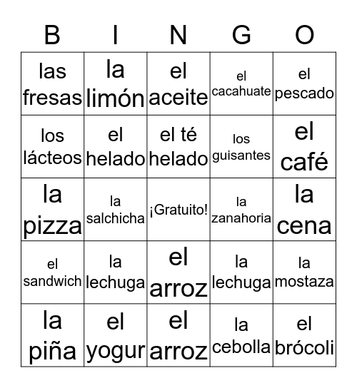 Comida Bingo Card