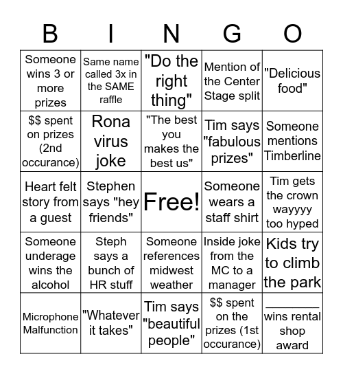 Perfects Party Bingo Card