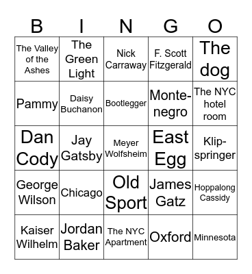 The Great Gatsby Bingo Card