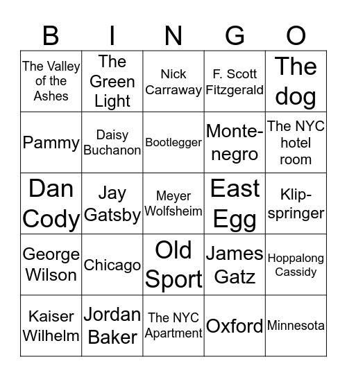 The Great Gatsby Bingo Card