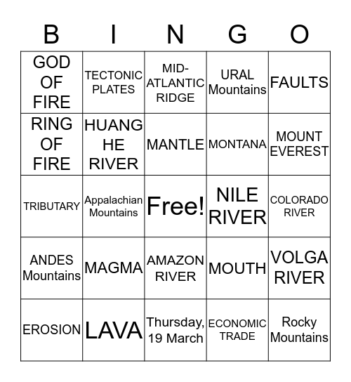 RIVERS, MOUNTAINS, & VOLCANOS Bingo Card