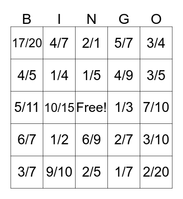 Fraction Bingo Card