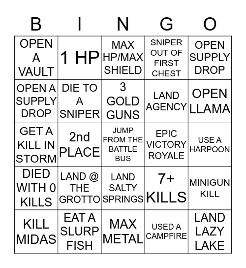 FORTNITE BINGO Card