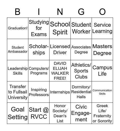 David's "College Life & Career" Bingo  Bingo Card