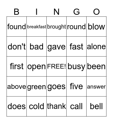 Dolch Words Bingo Card