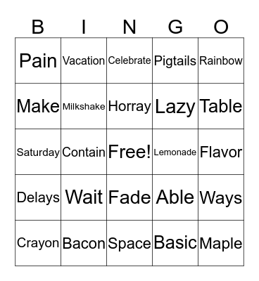 Long Vowel -A Bingo Card