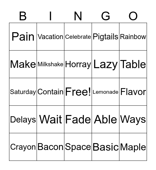 Long Vowel -A Bingo Card
