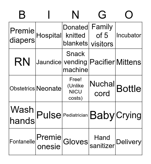 Neonatal Intensive Care Unit (NICU) Bingo Card