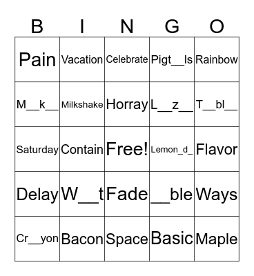 Long Vowel -A Bingo Card