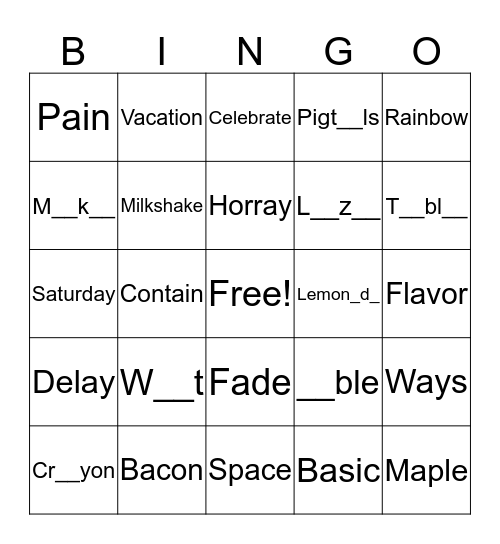 Long Vowel -A Bingo Card
