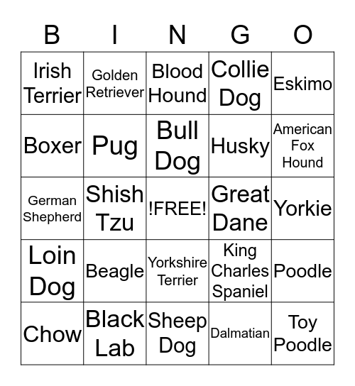 Dog Names Bingo Card