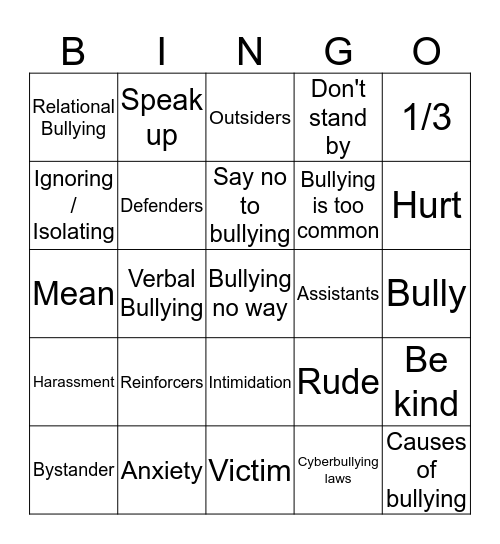 Bullying Bingo Card