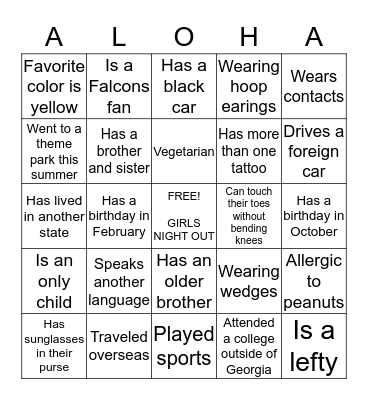 Cupcakes and Coversations Girls Night Out Bingo Card